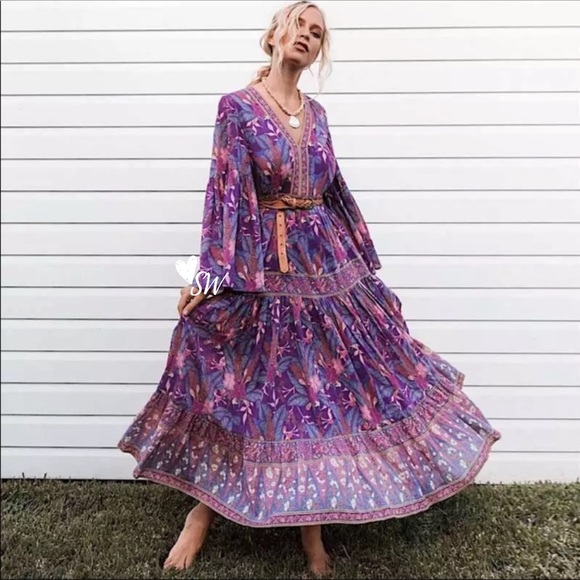 Boho Floral Print Gypsy Maxi Dress Purple Paisley - Picture 2 of 13